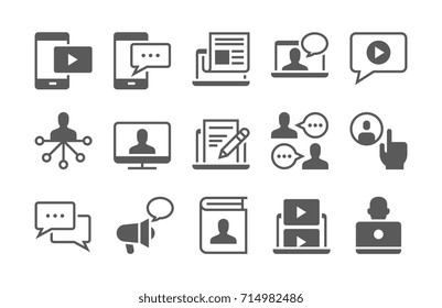 Blogging, Chat, Media And Communication Icon Set.