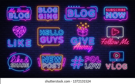 Blogging collection neon signs vector. Social networks design template concept. Blog Neon banner background design, night symbol, modern trend design. Vectro Illustration