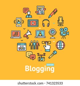 Blogging Color Round Design Template Line Icon Concept Include of People, Comment Bubble and Megaphone. Vector illustration of Blog Signs