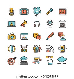 Blogging Color Thin Line Icon Set for Web and App Include of Mobile Telephone, Laptop Computer and Television . Vector illustration