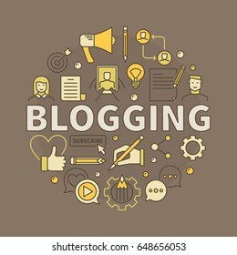 Blogging colorful vector illustration - round symbol made with word BLOGGING and creative blog icons on dark brown background