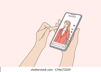 Blogging, communication, social media concept. Human hands holding mobile phone with happy girl woman blogger displaying on screen. Online chattting, smartphone or video call conversation illustration