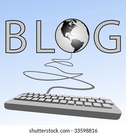 A blogging computer keyboard blogs to the Western Blogosphere of Earth on a blue sky background.