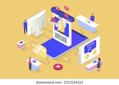Blogging concept in 3d isometric design. Blogger creating new content in social media, posting and sharing to followers, makes promotion. Vector illustration with isometry people scene for web graphic