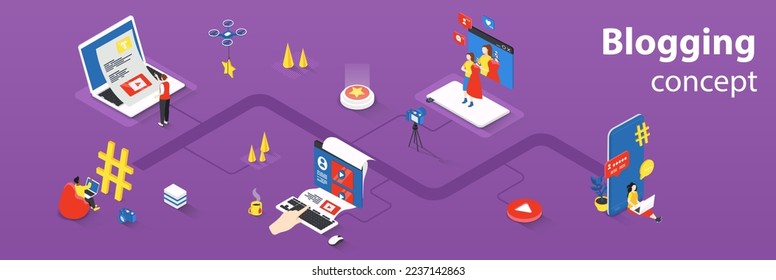 Blogging concept 3d isometric infographics web banner. People write articles, recording video and create different content for posts in online blog. Vector illustration in isometry graphic design