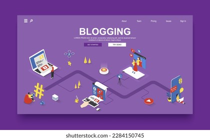Concepto de blogueo 3d plantilla de página de inicio isométrica. La gente escribe artículos, graba videos y crea diferentes contenidos para los posts en blogs en línea. Ilustración vectorial en diseño gráfico isométrico.