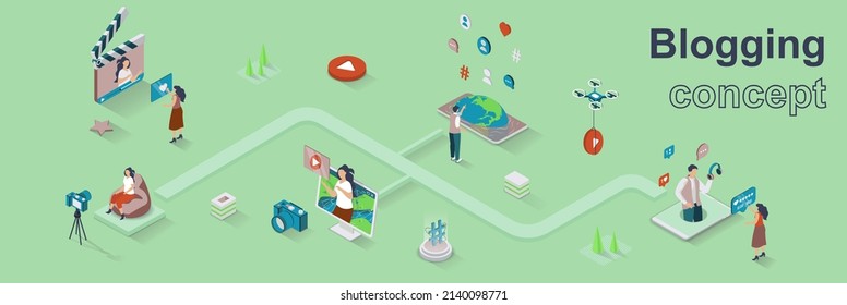 Blogging concept 3d isometric web banner. People record videos, streaming online, take photos, post content, followers subscribe to blogs. Vector illustration for landing page and web template design