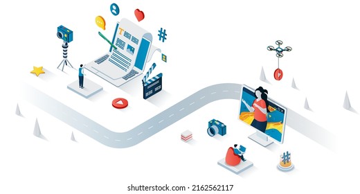 Blogging concept 3d isometric web banner. People writing articles, recording videos, take photos and posting content, followers subscribe. Vector illustration for landing page and web template design