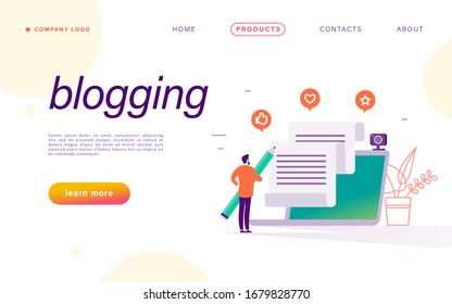 Blogging concept with author hold pencil and writing, laptop and social media review and feedback icons. Landing page design template, web interface, mobile app. Vector flat illustration.