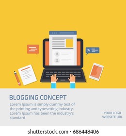 Blogging concept, blog marketing, content marketing flat design vector with icons isolated on yellow background