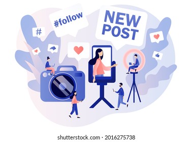 Blogging concept. Blogger creating photo and video content, writes new post for social media networks. Influencer marketing. SMM. Modern flat cartoon style. Vector illustration on white background