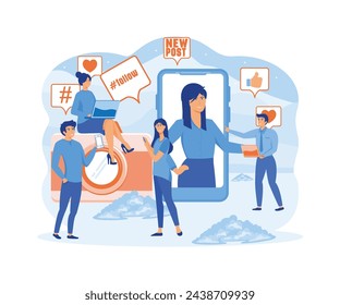 Blogging concept. Blogger creating photo and video content, writes new post for social media networks. Influencer marketing. flat vector modern illustration 