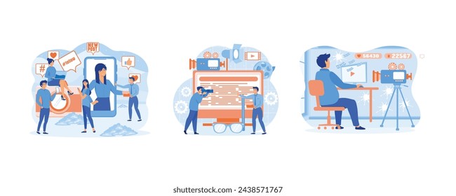 Blogging concept. Blogger concept, video shooting. Man video blogger with copy space. Set flat vector modern illustration 
