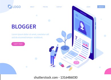 Blogging concept with character. Can use for web banner, infographics, hero images. Flat isometric vector illustration isolated on white background.