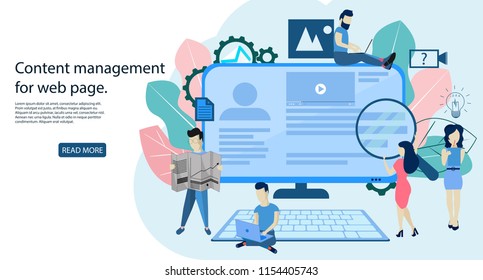 Blogging Concept, content management for web page. Vector illustration in the flat style. A team of people is working on a blog