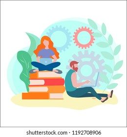 Blogging concept, content writer, online education, book store. Vector illustration for banners, social media, posters, cards.