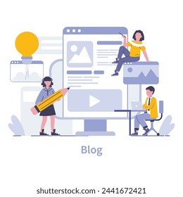 Blogging concept. Creative content creation and sharing ideas through personal blogs. Visual storytelling and online influence. Vector illustration.