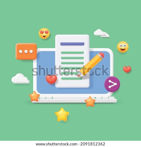 Blogging concept. Creative writing, storytelling, copywriting. Laptop and text document 3d vector illustration.