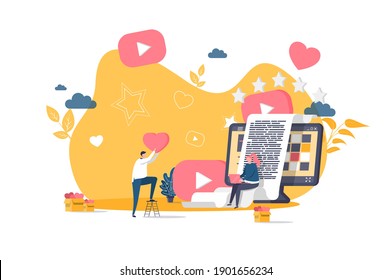 Concepto de blogueo de estilo plano. Bloggers creando contenido de calidad para la escena de los medios sociales. Banner de comunicación en red, publicación en Internet. Ilustración vectorial con personajes de personas en situación laboral.