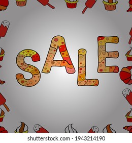Blogging concept illustration for website banners. Vector. Seamless pattern. Illustration in yellow, red, white colors. Perfect big letters for bloggers. Hand sketched Sale text as blog theme design.
