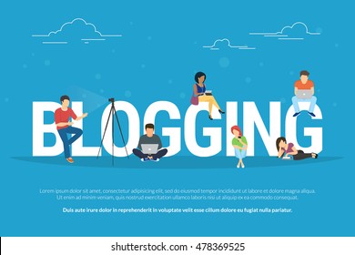 Blogging concept illustration of young people using laptops and tablets for reading blogs and websites. Flat design of guys and young women standing near big letters blogging on blue background