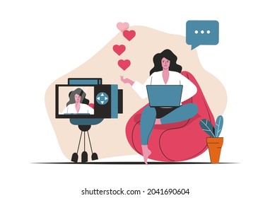 Blogging concept isolated. Video content creation, online promotion, blogger work. People scene in flat cartoon design. Vector illustration for blogging, website, mobile app, promotional materials.