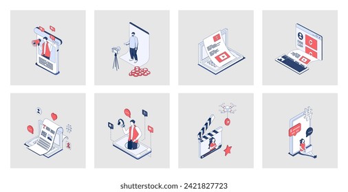 Blogging concept of isometric icons in 3d isometry design for web. Bloggers creating video content and writing articles for posting at social media and attracting new followers. Vector illustration