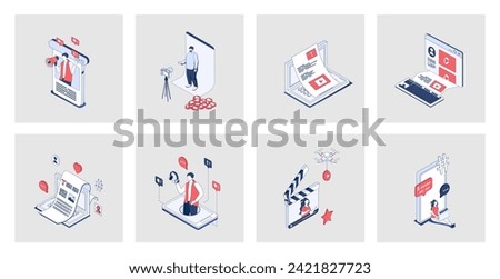 Blogging concept of isometric icons in 3d isometry design for web. Bloggers creating video content and writing articles for posting at social media and attracting new followers. Vector illustration