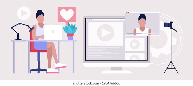 Blogging Concept. Livestream, Podcast In Studio. Video Lesson, Webinar. Vector Illustration In A Flat Style