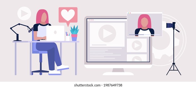 Blogging concept. Livestream, Podcast in studio. Video lesson, webinar. Vector illustration in a flat style