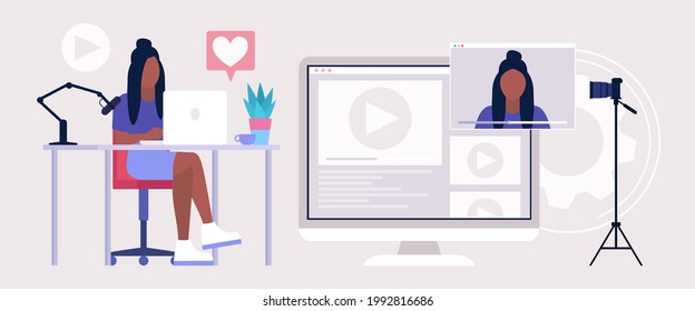Blogging concept. Livestream, Podcast in studio. Video lesson, webinar. Vector illustration in a flat style