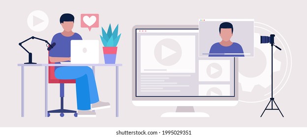 Blogging concept. Livestream, Podcast in studio. Video lesson, webinar. Vector illustration in a flat style