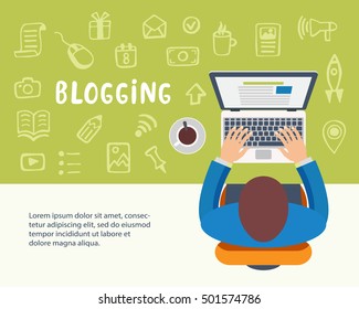 Blogging concept. Man typing an article for blog on laptop. Vector illustration in modern flat style.