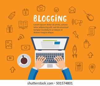 Blogging concept. Man typing an article for blog on laptop. Vector illustration in modern flat style.