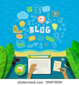 Blogging concept. Man working on a laptop at the beach, top view. Flat design, vector illustration.