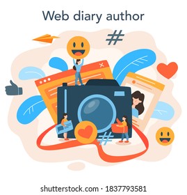 Blogging concept. Network author share content in the internet and get review. Feedback, communication and popularity idea. Isolated vector illustration in cartoon style