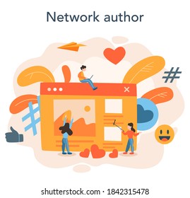 Concepto de blogueo. El autor de la red comparte contenido en Internet y obtiene una revisión. Opinión, comunicación y idea de popularidad. Ilustración vectorial aislada en estilo de dibujos animados