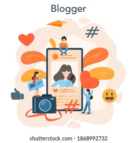 Blogging concept. Network author share content in the internet and get review. Feedback, communication and popularity idea. Isolated vector illustration in cartoon style
