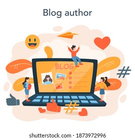 Blogging concept. Network author share content in the internet and get review. Feedback, communication and popularity idea. Isolated vector illustration in cartoon style