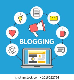 Blogging concept on blue background. Laptop and social media icons. Linear style design. Web sharing concept. Trendy vector illustration.