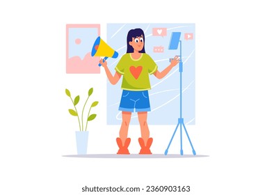 Blogging concept with people scene in the flat cartoon design. A young blogger makes content for her followers on social networks. Vector illustration.