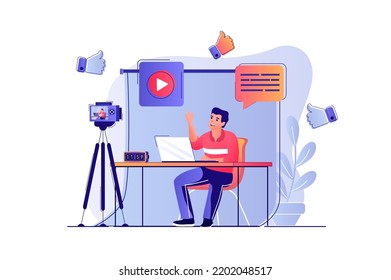 Blogging concept with people scene. Man blogger recording new video at camera, writes posts in blog for followers, making live broadcasting. Vector illustration with characters in flat design for web