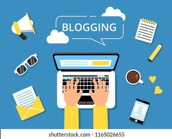 Blogging concept picture. Hands on laptop and various tools for writers around. Writer laptop blog, content on computer. Vector illustration