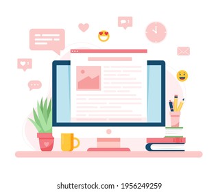 Blogging concept, a screen with text on it. Vector illustration in flat style