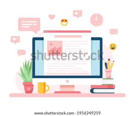 Blogging concept, a screen with text on it. Vector illustration in flat style