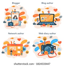 Blogging concept set. Network author share content in the internet and get review. Feedback, communication and popularity idea. Isolated vector illustration in cartoon style