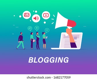 Blogging concept with tiny people, laptop and social media review and feedback icons. Landing page design template, web interface, mobile app. Vector flat illustration.