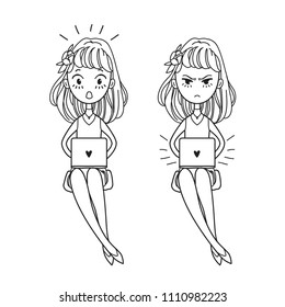 Blogging concept vector illustration. Set of Happy and angry girls character learning. Work for laptop. Use for decorating the website and articles. Manga comics style