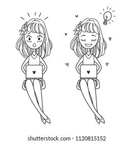 Blogging concept vector illustration. Set of girls character learning. Work for laptop. Use for article, blogs and website. Manga comics style. The big idea. 