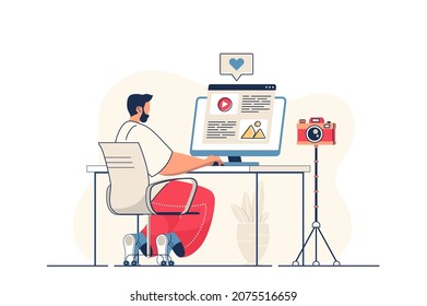 Blogging concept for web banner. Man blogger writes article and publishes new post in blog for followers, modern person scene. Vector illustration in flat cartoon design with people characters